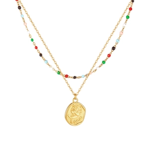 Collier double couche doré avec perles colorées et pendentif à motif fleur de rose