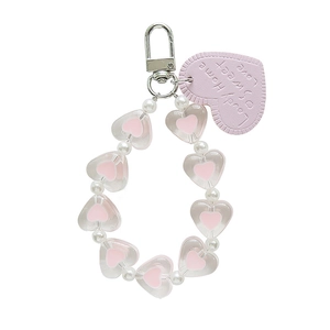 Portachiavi a cuore rosa con perle bianche e targhetta in pelle per decorazione borsa