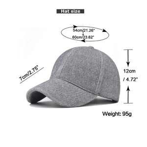 Guide des tailles détaillé pour casquette grise en polaire, circonférence 54-60cm et visière