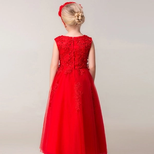 Robe de cérémonie rouge pour fille en dentelle et perles avec jupe longue en tulle
