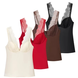 Débardeur Femme Sexy Satin Cami Dentelle Patchwork Col En V Coupe Slim Streetwear Mode Décontracté