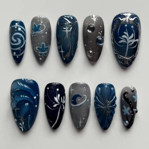 3D Relief Flower Starry Sky Moon Press On Nails ABS Plastic Almond Shape Blue Gray Glossy Fashionable Women Finger Art