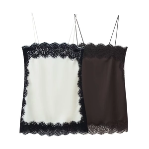 Spitzensaum Satin Camisole Top Und Midirock Polyester V-Ausschnitt Spaghettiträger Elegant Chic Outfit Damen