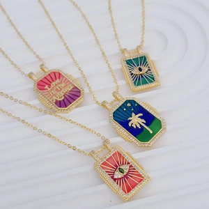 Bohemian style gold-plated necklaces with colorful enamel pendants and sparkling zircons