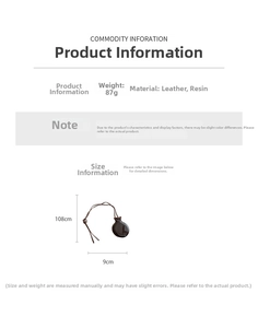 Size chart showing leather necklace weight 87g and dimensions 108cm by 9cm