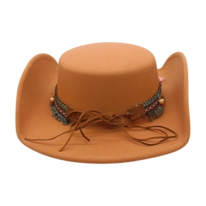 Camel wool felt fedora with ethnic woven band and tassel detail on white background