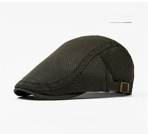 Detail view of the army green mesh flat cap with adjustable copper side buckle