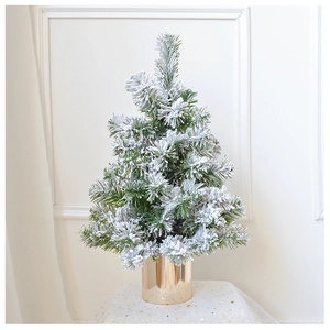 Detailed view of 45cm mini Christmas tree with snow flocking and gold cylinder base