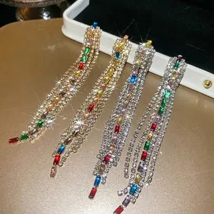 Elegant multi-color square zircon tassel earrings with shiny sparkling water-drop chains