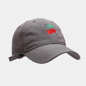Dark grey cotton baseball cap with embroidered cherry pattern and adjustable strap