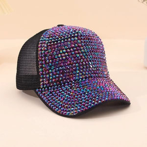 Black mesh baseball cap with colorful rhinestones on brim and front panel view