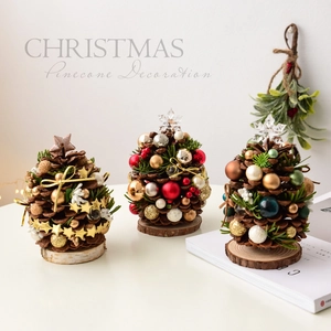 Mini Christmas Tree Natural Pinecone Desktop Ornament Wood Base Tabletop Decoration For Holiday Festive Home Office Decor