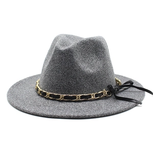 Classic grey wool fedora hat for women with gold chain ribbon and stylish upturned brim