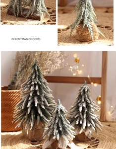 Three-piece flocked mini Christmas tree set with rustic burlap base for holiday decor