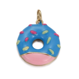 Detailed view of blue enamel donut charm with gold hanging ring for DIY jewelry making