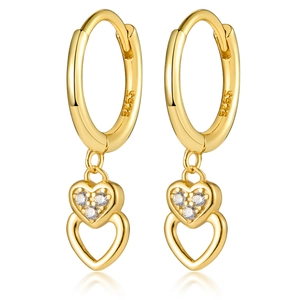 S925 sterling silver heart hoop earrings with gold finish and zircon crystal inlay