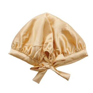 Adjustable solid champagne satin sleep cap for women with elegant bow tie decoration