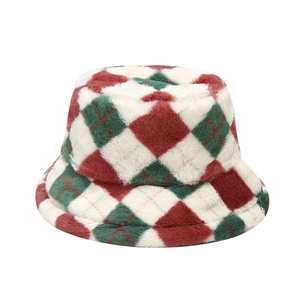 Thick warm argyle plaid plush bucket hat in red, green and beige for autumn and winter