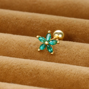 Elegant gold flower earrings with green drop zircon petals and screw back closure