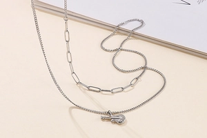 Detailed view of layered silver stainless steel necklace with guitar pendant and paperclip chain