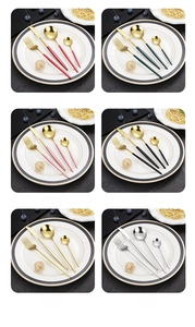 Detailed grid view of elegant stainless steel cutlery sets in six luxury color combinations