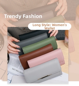 Detailed view of women's long tri-fold wallets in six colors with litchi grain texture