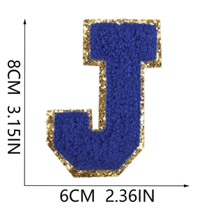 Detailed size chart of royal blue chenille letter J patch with gold glitter edge