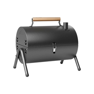 Portable cylindrical charcoal grill with wooden handle on white background for camping