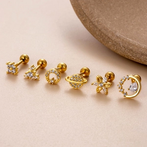 Golden stainless steel cartilage studs with zircon flower and celestial designs
