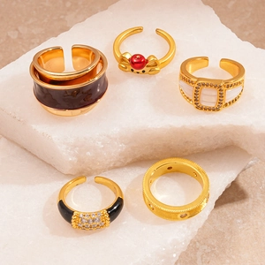 Vintage Geometric Open Adjustable Rings Copper Gold Plated Enamel Rhinestone Zircon Shell Fashion Accessory Women Daily
