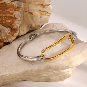 Minimalist 18k gold and silver two-tone geometric stainless steel cuff bracelet
