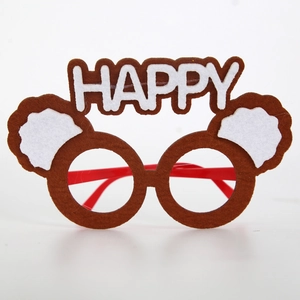Close-up of brown felt birthday party glasses with white trim and HAPPY letters