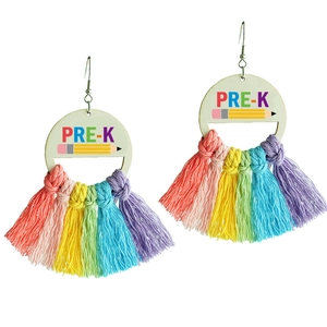 Boho woven tassel earrings with rainbow fringe and PRE-K pencil wood circle pendant