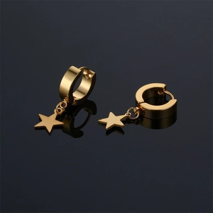 Minimalist gold stainless steel star drop earrings with polished round hoops and pendants
