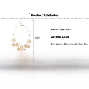 Detail view of gold coin pendant necklace with dimensions 38cm plus 7cm extender