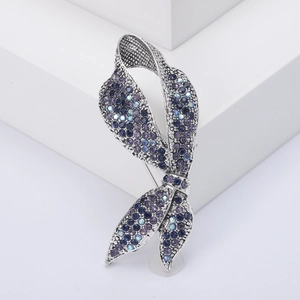 Luxury bow brooch in silver-tone alloy with gradient blue and purple sparkling rhinestones