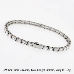 Macro detail of 3x5mm rectangular zircon stones on a 200mm tennis chain bracelet
