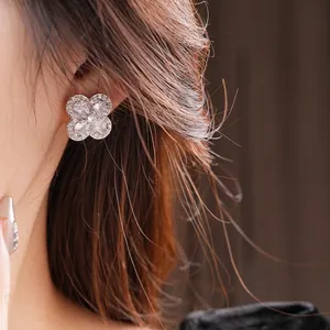 Exquisite silver clover earrings with sparkling marquise cut cubic zirconia for women
