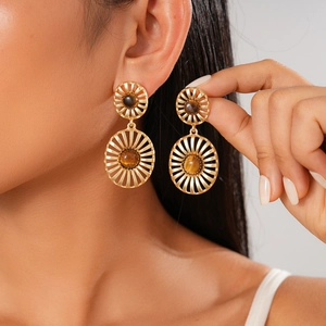 Vintage Oval Hollow Geometric Drop Earrings With Tiger's Eye Alloy And Silver Earring Post For Women Elegant Jewelry