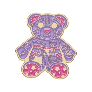 Cute purple bear enamel brooch pin with graffiti patterns like peace signs and hearts