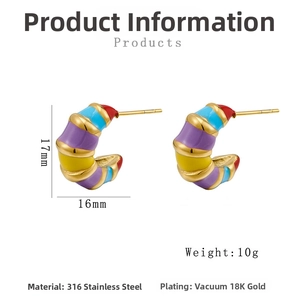 Detail view of colorful enamel bamboo segment stud earrings in 316 stainless steel with 18K gold