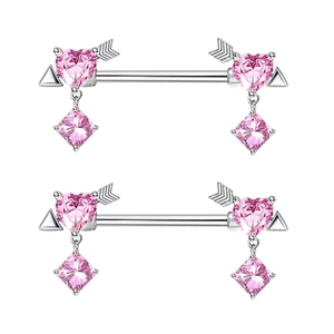 Butterfly nipple rings with pink heart zircon and arrow design on white background