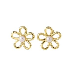 Elegant 18k gold plated hollow flower earrings with white pearl center on white background