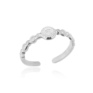 Detailed view of adjustable ring with round relief disc and zircon side stones