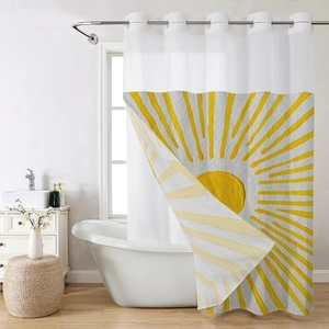 Modern waffle weave shower curtain detail with yellow sun pattern on waterproof fabric