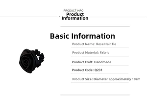 Detail of 10cm black satin rose scrunchie showing handmade texture and product dimensions