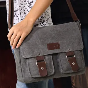 Men's large capacity dark grey canvas messenger bag with flap and dual buckle pockets
