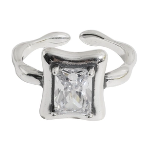 925 silver open ring featuring a sparkling rectangular cut clear diamond centerpiece