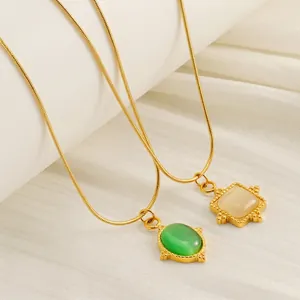 Collier Pendentif Pierre Naturelle Rétro Français Acier Inoxydable Plaqué Or 18K Chaîne Serpent Ovale Carrée Femmes
