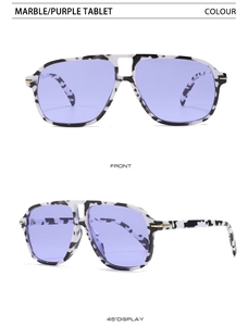 Detail of marble pattern frame and purple lenses on pilot sunglasses from two angles